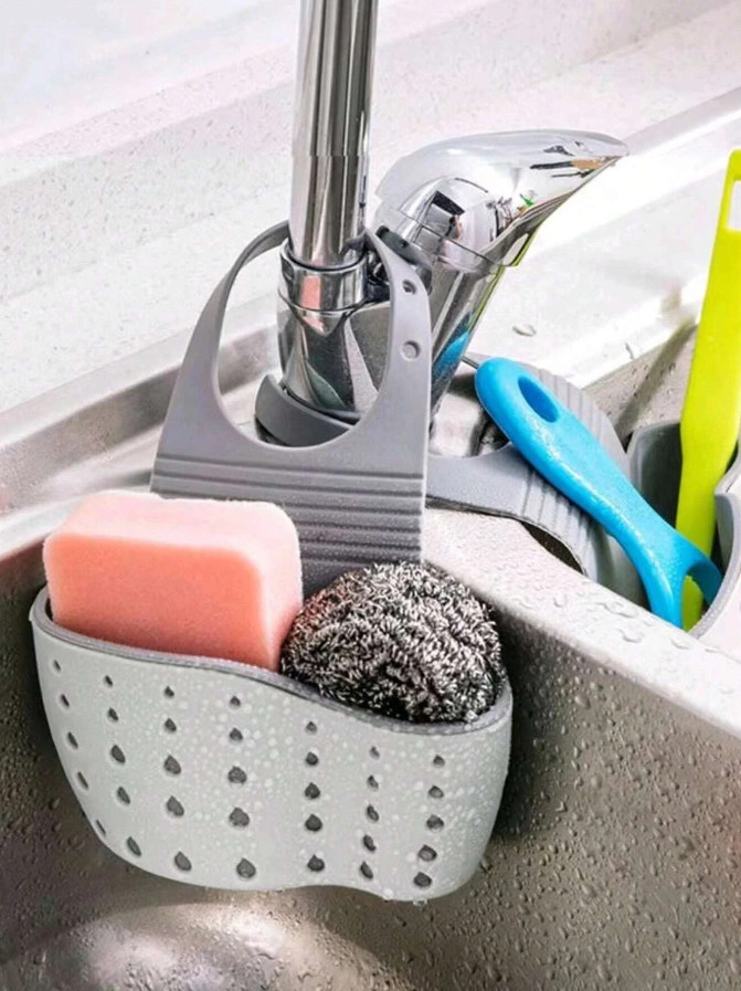1pc TPR Faucet Rack, Modern Two Tone Sponge Holder For Kitchen Sink, Beige - NEW gallery