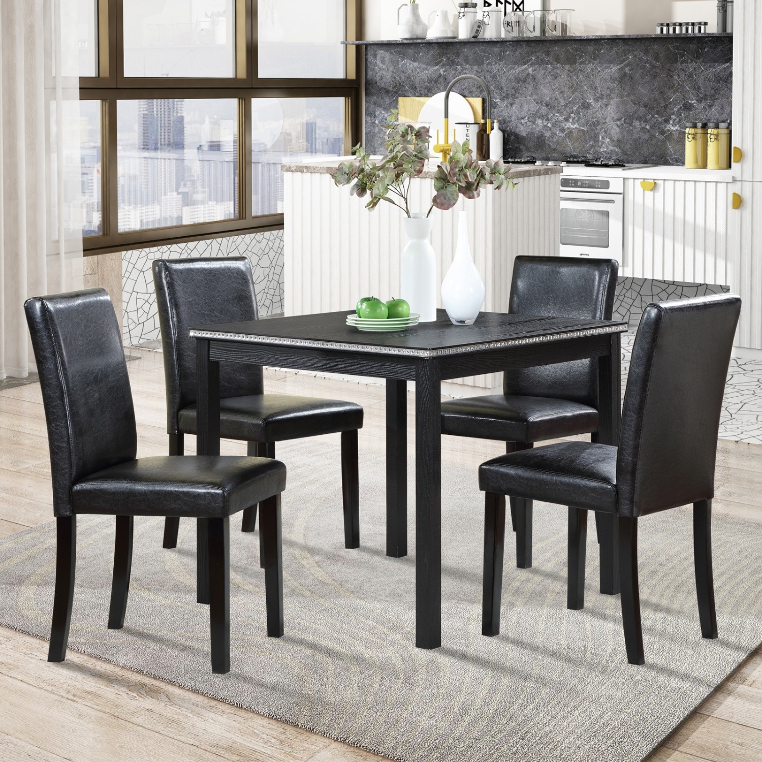 5 Piece Dining Table Set Wood Square Dining Table & 4 Upholstered Chair Black gallery