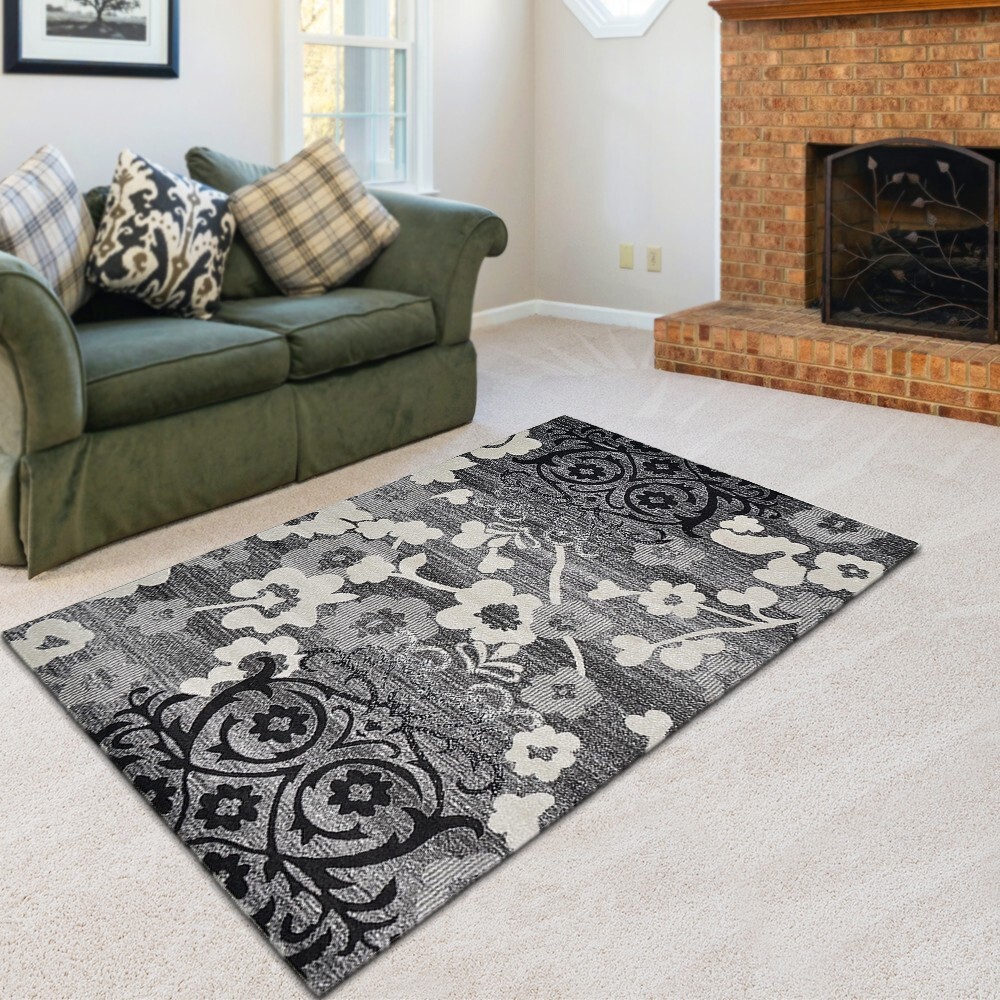 Machine Woven Heat Set Polypropylene Area Rug Floral Silver BBH Homes BBM00046 gallery