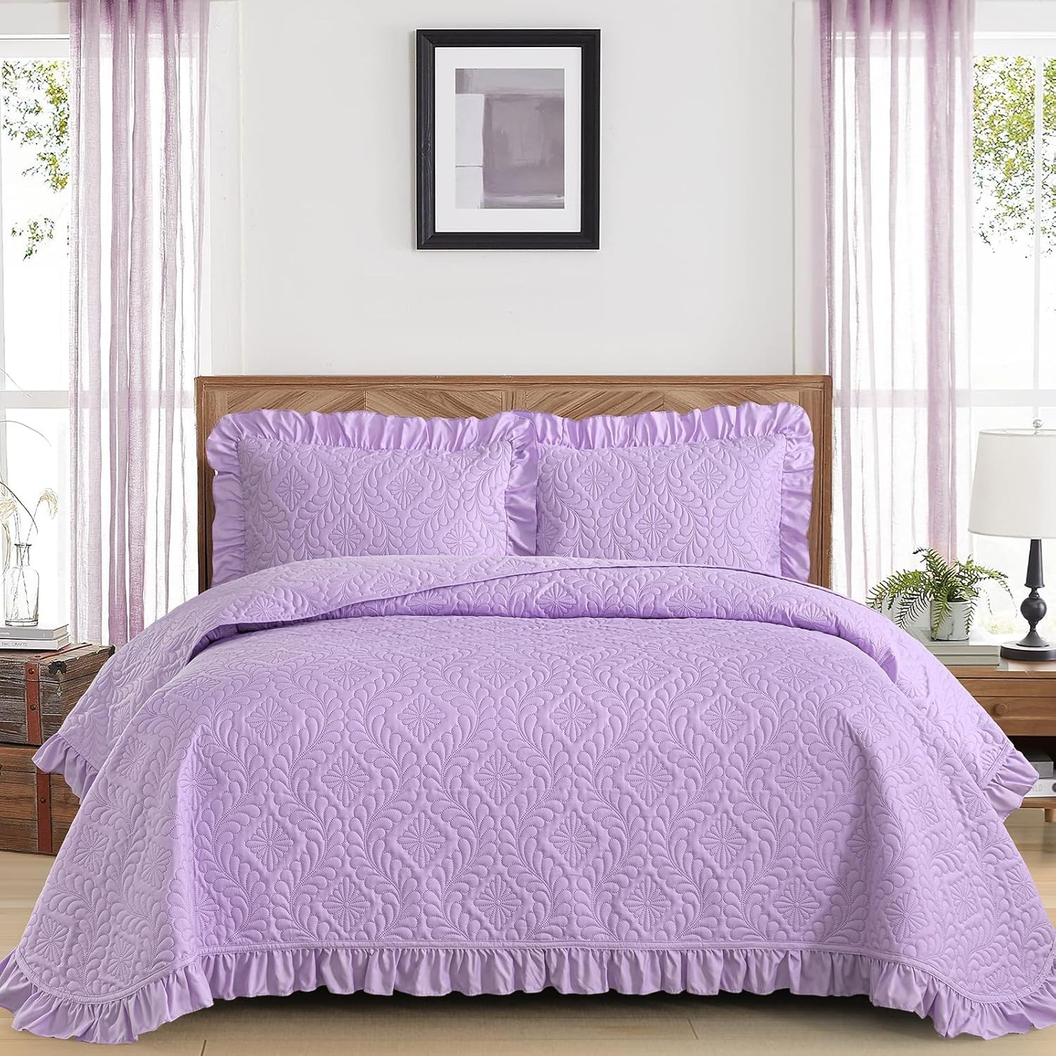 Quilt Set Bedspread Bedding Set, Purple Ruffled Lightweight Queen Lavender gallery