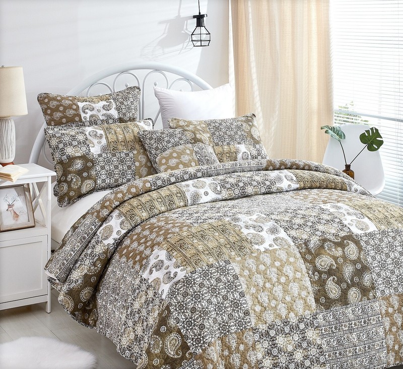 DaDa Bedding Bohemian Patchwork Paisley Floral Olive Green Brown Bedspread Set gallery