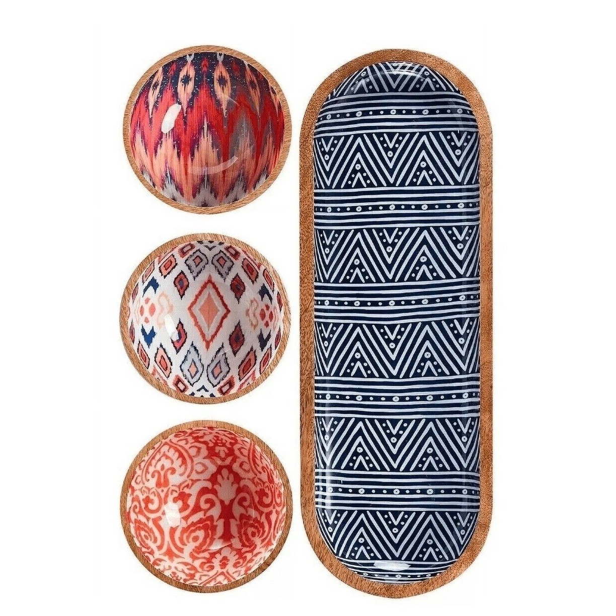 MESA Mango Wood Serving Set 4 Piece Ikat Geometric Patterns Tray & 3 Bowls NEW gallery