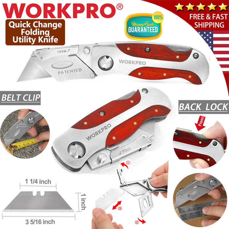 WORKPRO Quick-Change Folding Utility Knife Classical Retro Wood Grain Handle NEW gallery