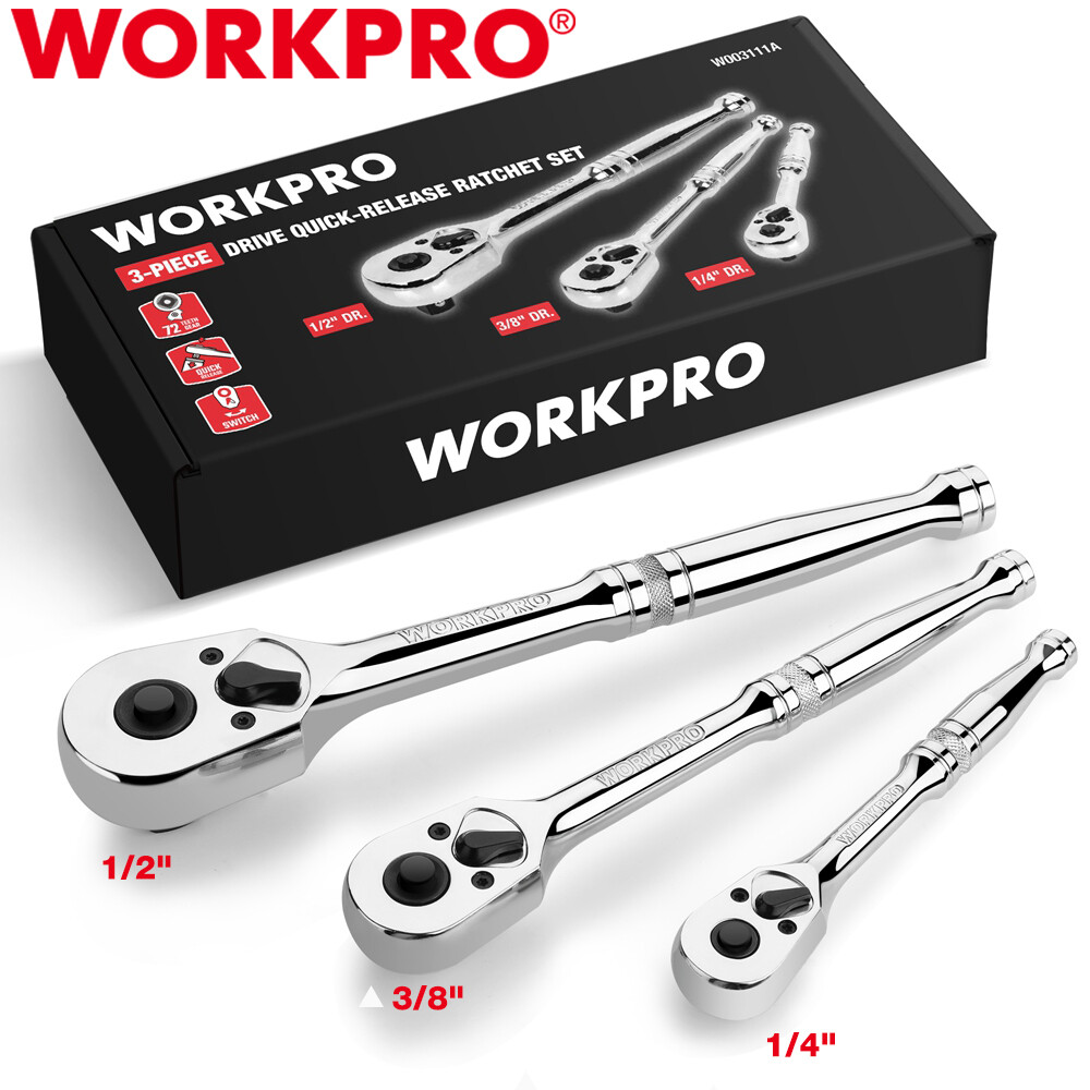 WORKPRO 3PCS Ratchet Set Quick Release 72-Tooth 1/4" 3/8" 1/2" Dr Ratchet Handle
