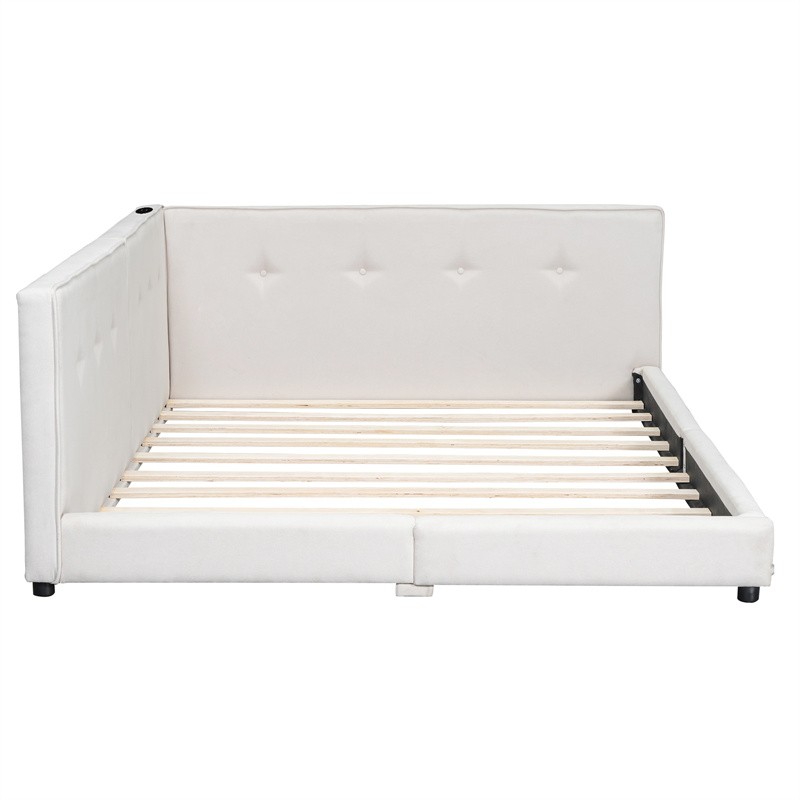 Modern Upholstered Platform Bed Frame Queen Size Daybed with USB Ports,Beige gallery