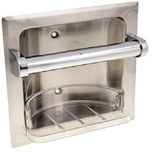 Recessed Soap Dish With Tray Insert & Grab Bar, Polished Stainless 6" x 6" x 2" gallery