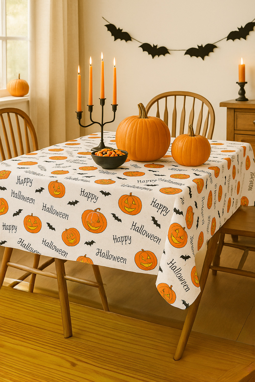 Halloween Vinyl Tablecloth with Polyester Flannel Backing Pumpkins 52 x 90 in gallery