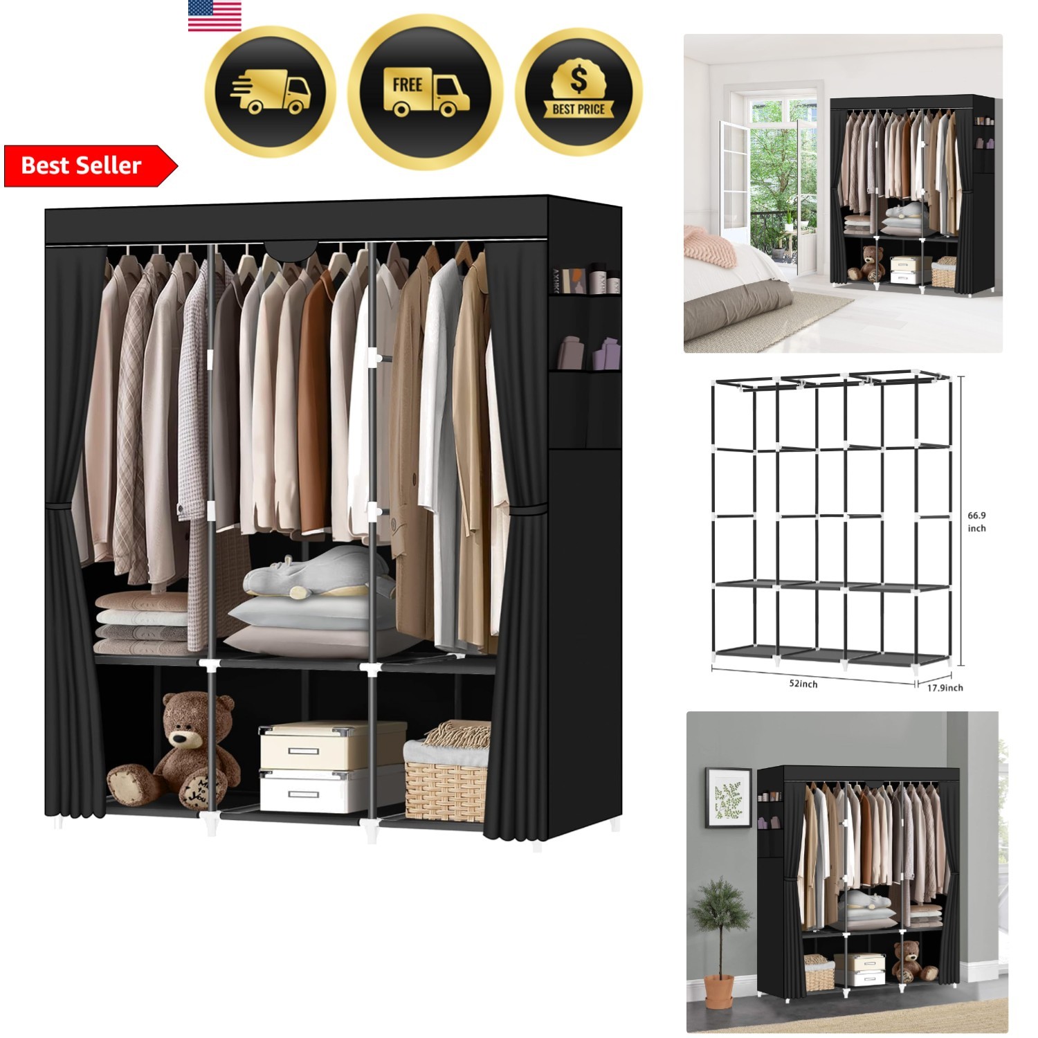 Portable Closet Wardrobe with 3 Hanging Rods 6 Shelves and Side Pockets Black gallery