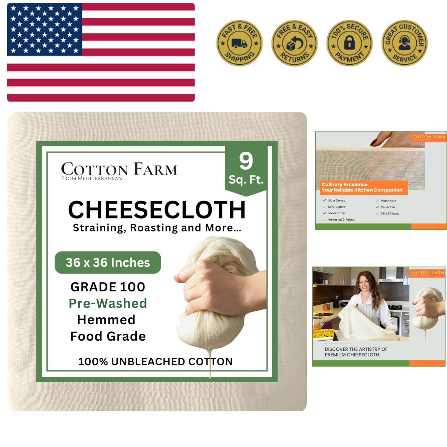 Grade 100 XL Cheese Cloth - Straining & More; 36x36 Inch; 100% Unbleached Cot... gallery