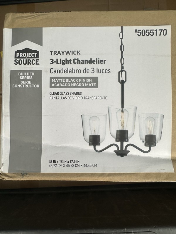 Project Source Traywick 3-Light Chandelier Matte Black Clear Glass Open Box gallery