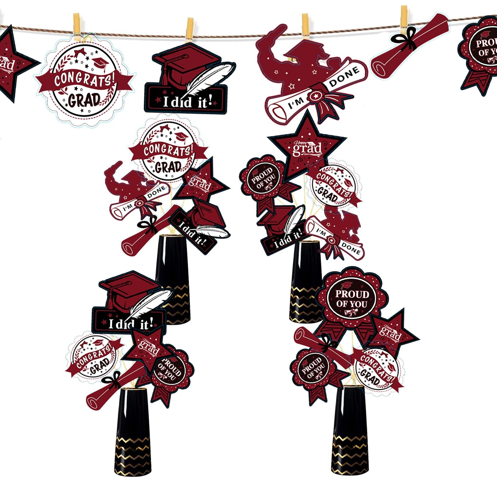 24 PCS Graduation Decorations Maroon Black 2025 Sticks Table Toppers Burgundy gallery