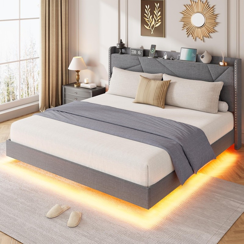 Floating Bed Frame Full Queen King Size with Upholstered Headboard & Storage LED gallery