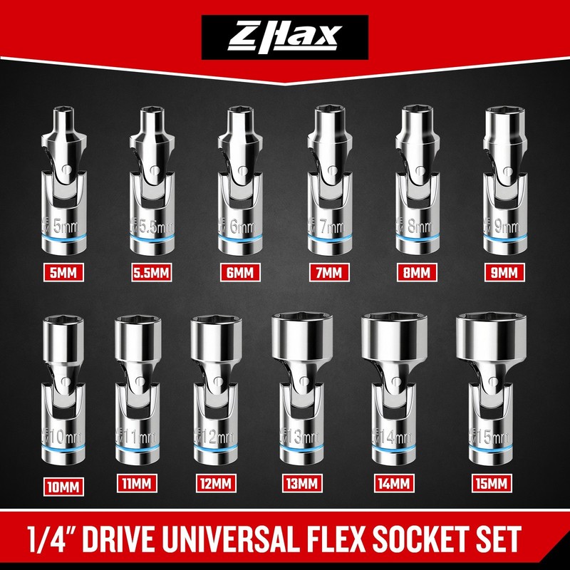 12 Pcs 1/4" Drive Universal Flex Socket Set, 6-Point Metric (5-15mm)Swivel Joint gallery