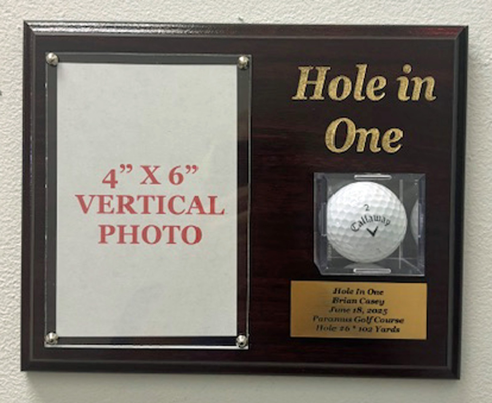 Personalized Golf Hole In One Display w your 4x6 photo ball & engraved nameplate gallery