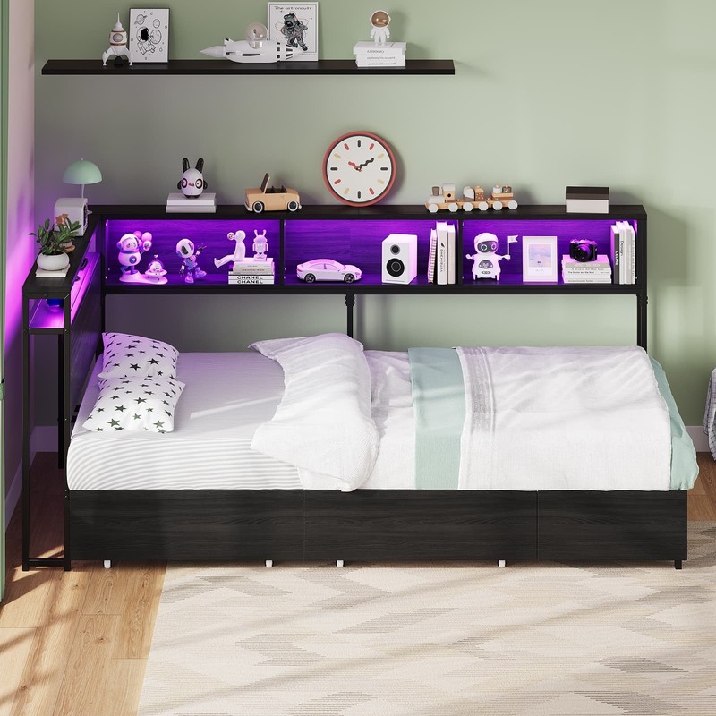 Twin Corner Bed Frame with LED Headboard, Charging Station, Storage Drawers, Bla gallery