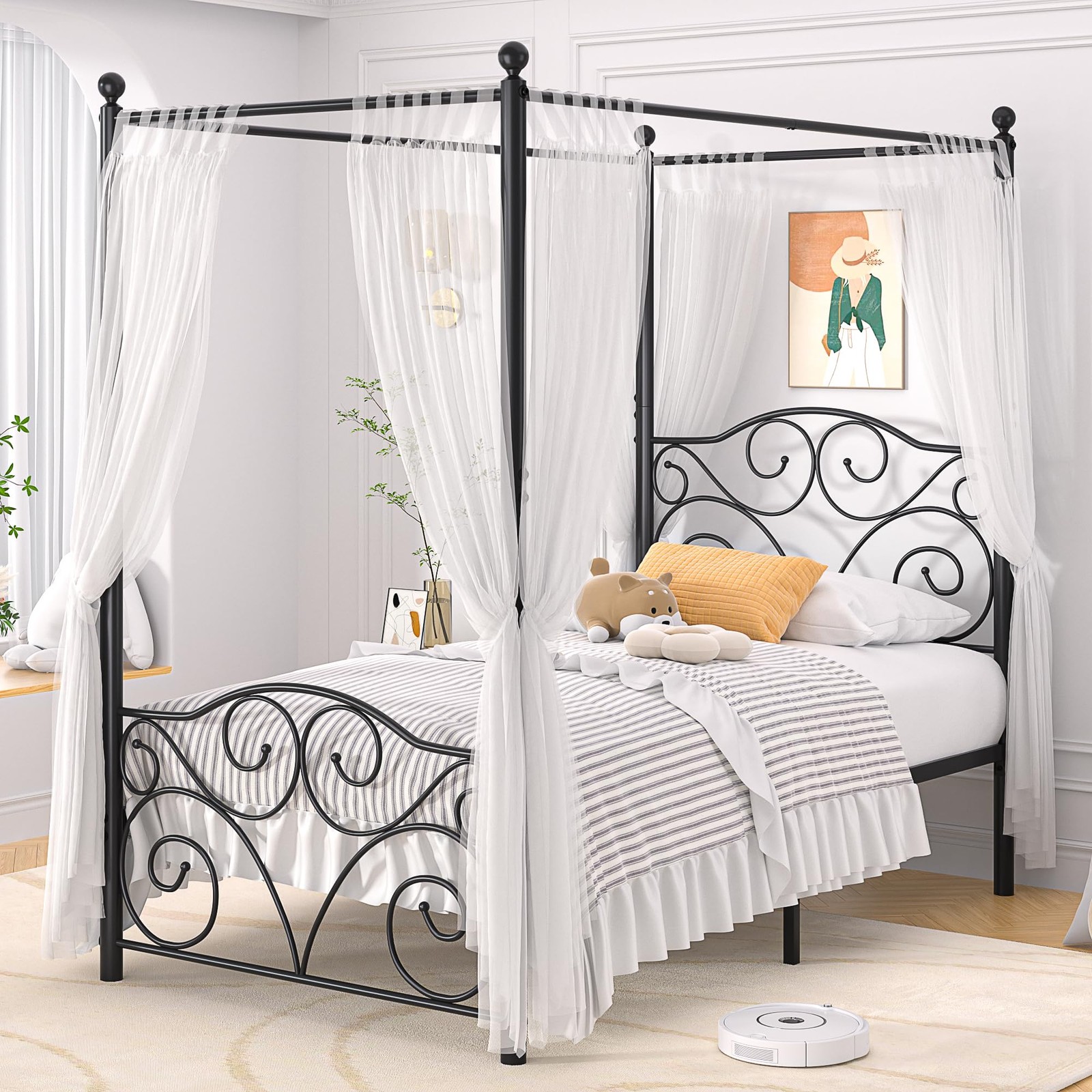 Metal Canopy Bed Frame Twin Size 4 Posters Platform Black Heavy Duty VECELO gallery