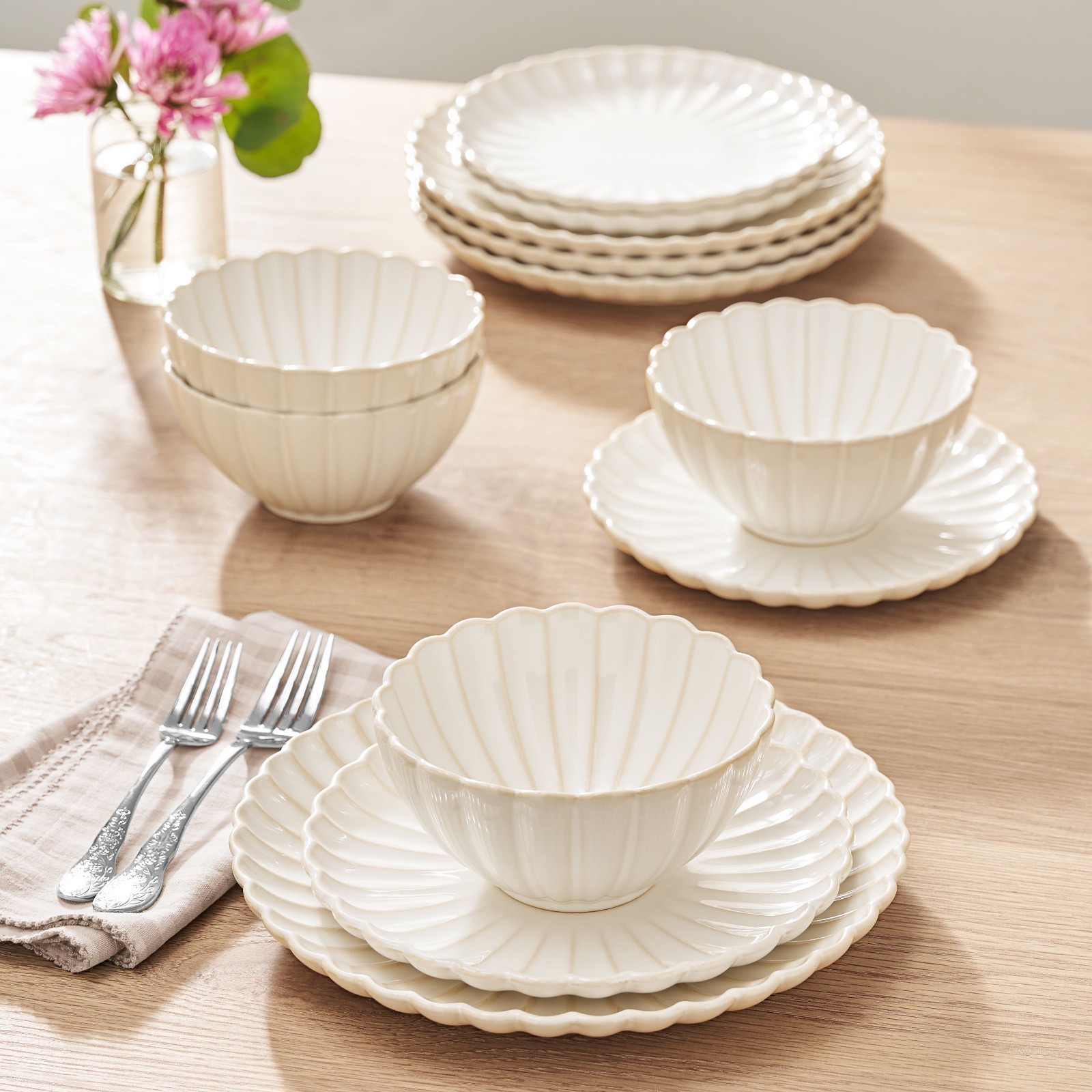 12-Piece Stoneware Dinnerware Set, Cream gallery
