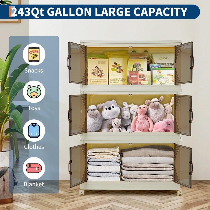 3-Tier 243QT Stackable Storage Bins Fold Storage Box w/ Magnetic Doors & Wheels gallery