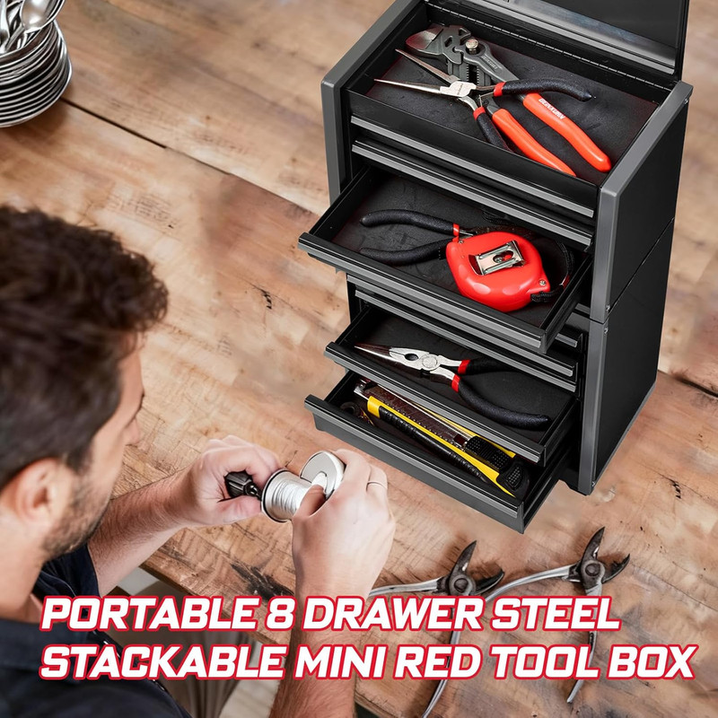 8-Drawer Rolling Black Tool Box, Heavy Duty Micro Roll Cab Steel Stackable Tool gallery