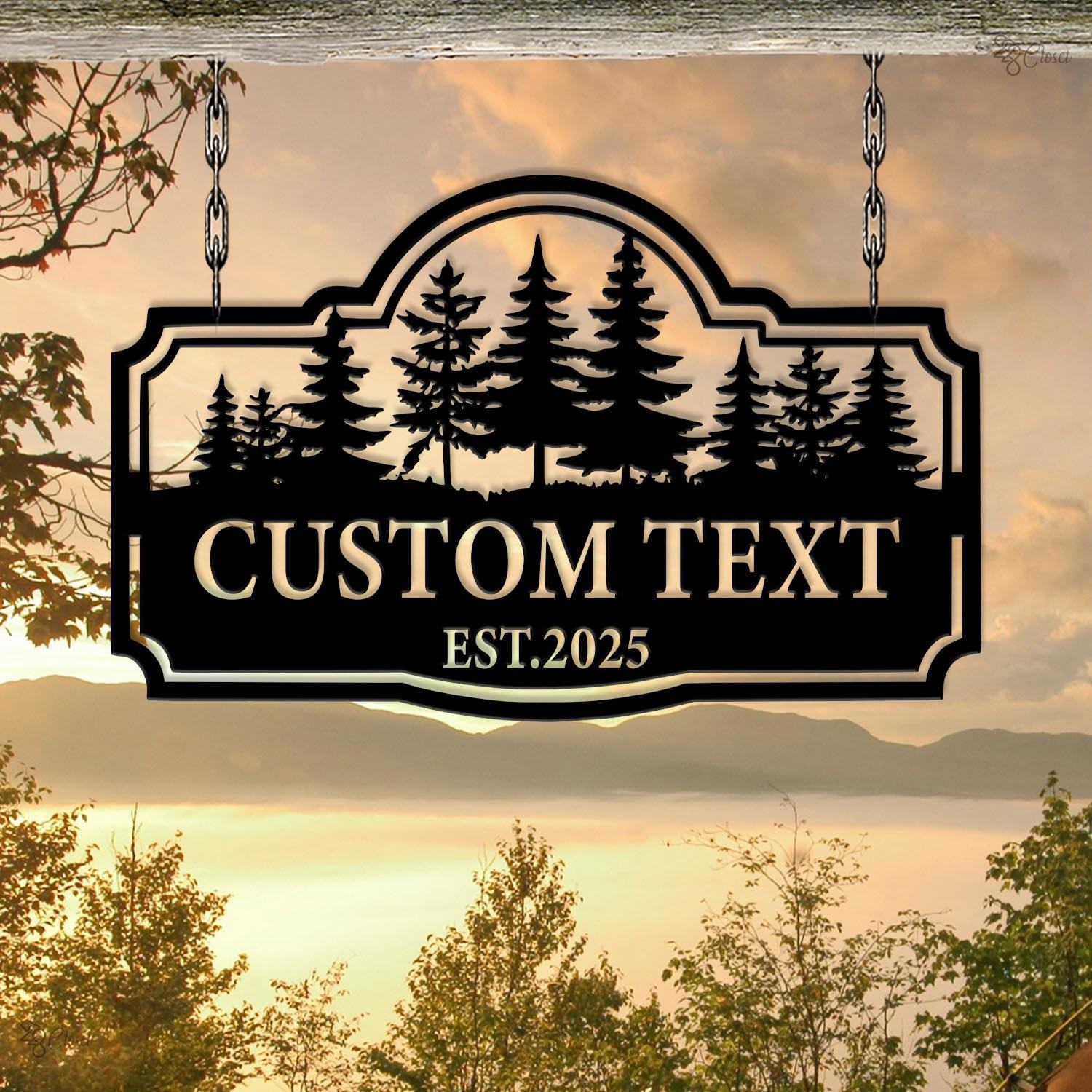 Custom Cabin Metal Sign, Pine Tree Forest Design, Personalized Cabin Sign gallery