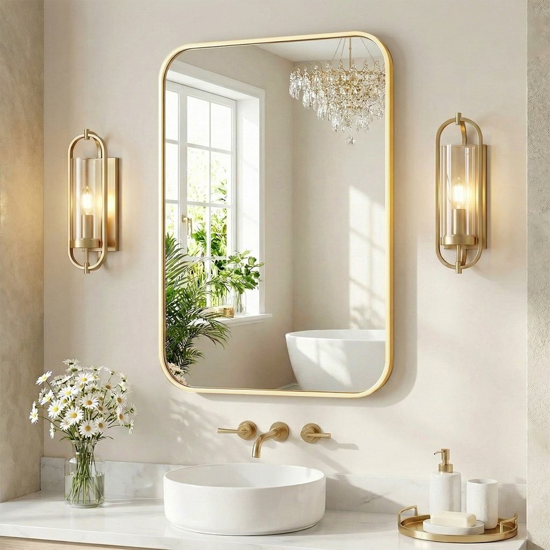 DUMOS Bathroom Rectangular Round Corner Mirror Wall Mounted Metal Frame Mirror gallery