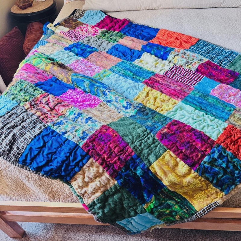 Patchwork Quilt Unique Vintage Handmade Blanket Cozy Bohemian Eclectic Colorful gallery