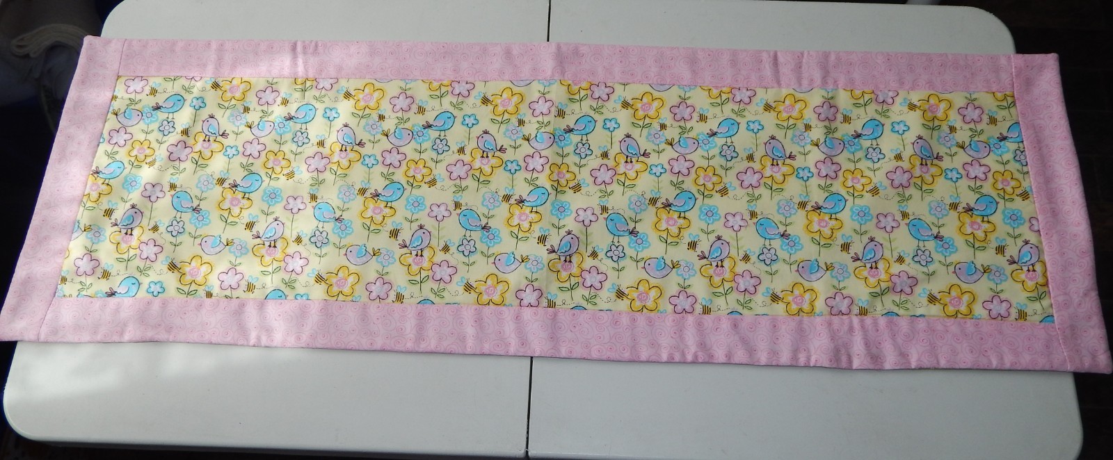 HANDCRAFTED REVERSIBLE QUILTED 42" SPRING CHICKS & FLOWERS PRINT" TABLERUNNER gallery