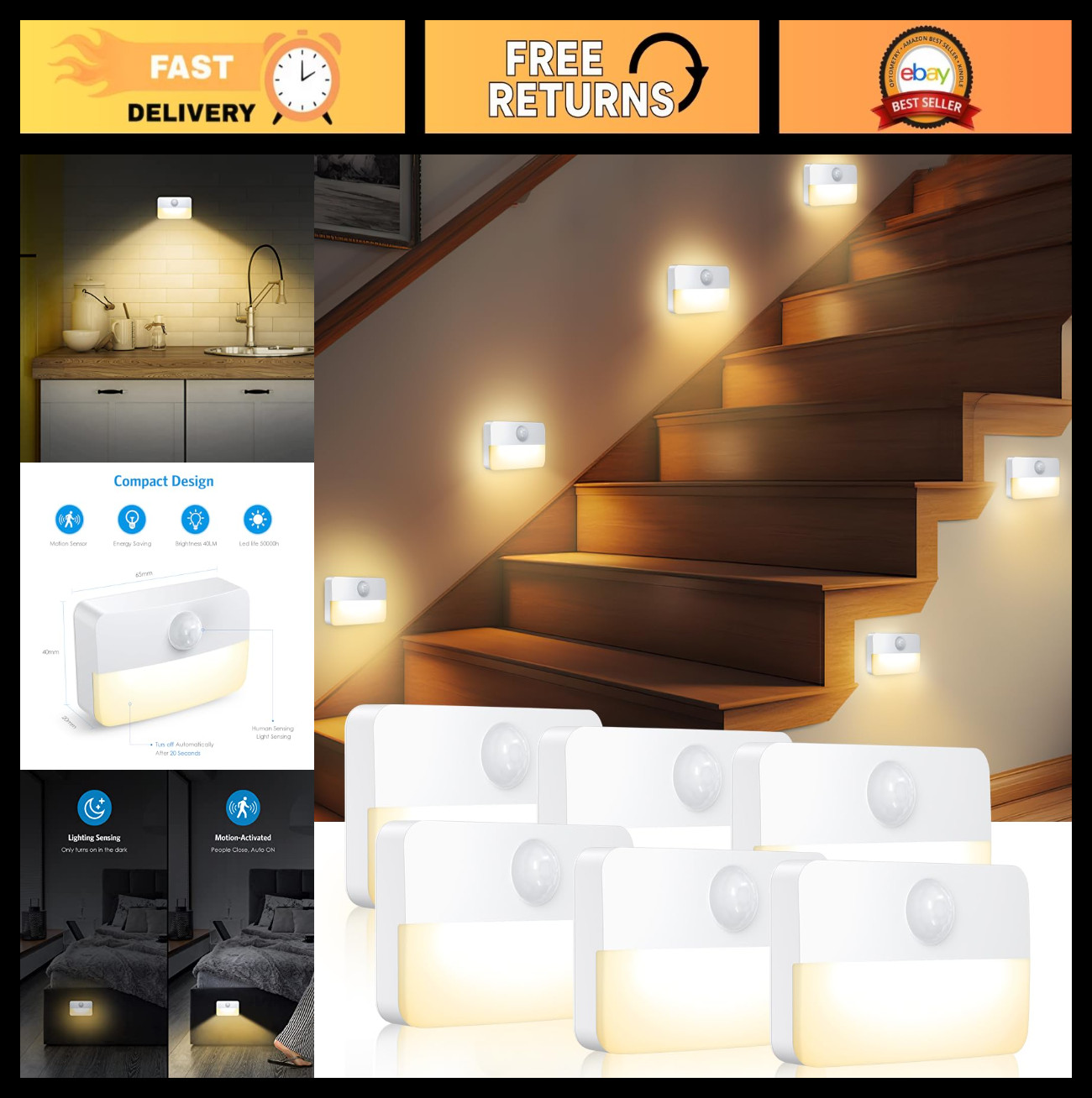 6 Pack Mini Motion Sensor LED Stair Lights - Battery-Powered, 40 Lumen, Indoor N gallery