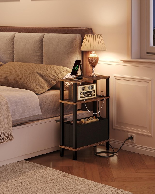Small Narrow Side Table Charging Station Skinny End Table Rustic Brown Black gallery