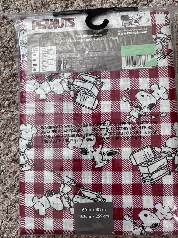 Peanuts Snoopy PEVA Flannel-Backed Tablecloth Cover 60x102" BBQ Grill Chef New gallery