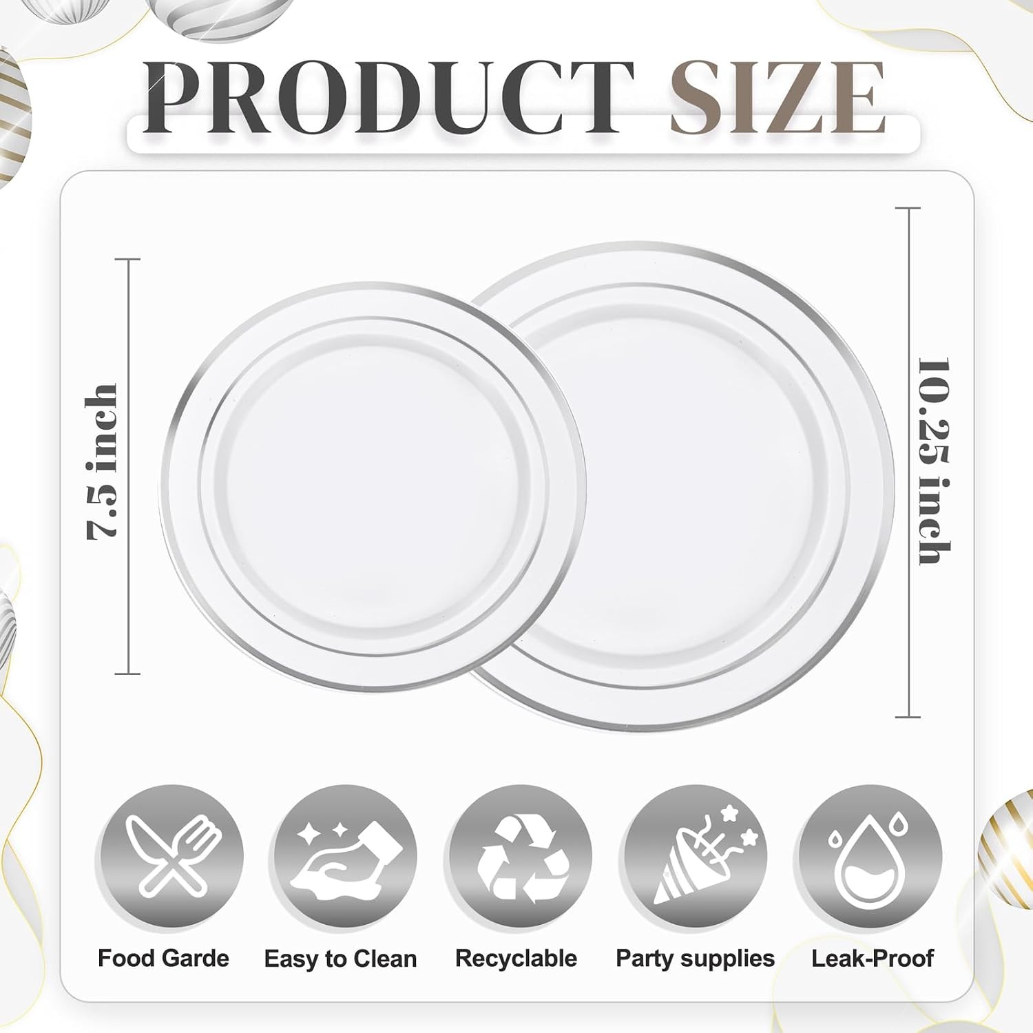 Disposable Plastic Plates White Silver Rim 120PCS Plates Party Tableware gallery