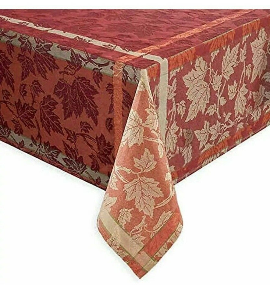 Mendocino Rust Copper Windowpane Plaid Leaf Fabric Tablecloth, 70" Round gallery
