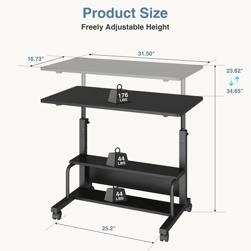 31.5'' Adjustable Height Rolling Computer Desk with Storage Shelves, gallery