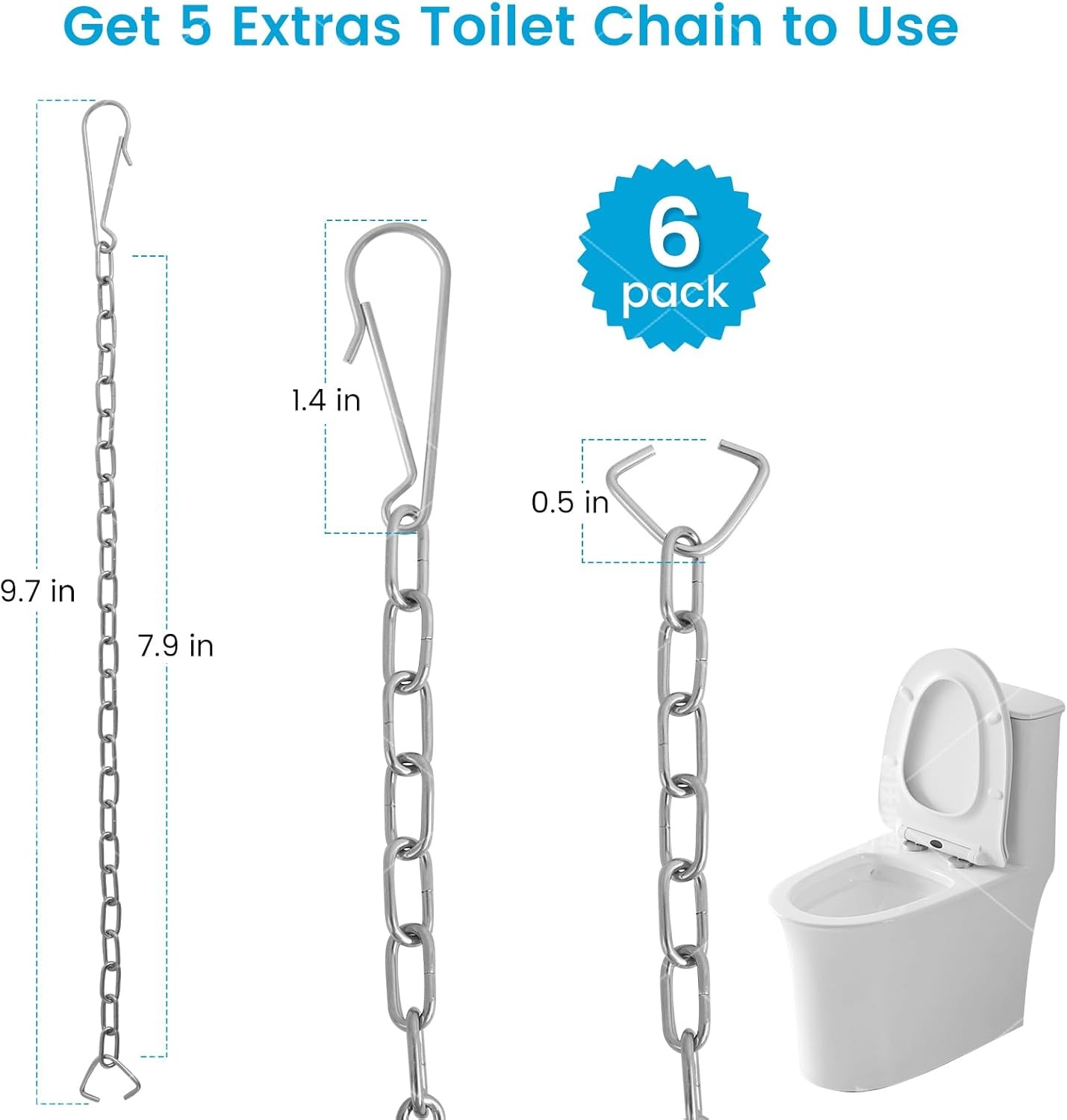 6 Pack Toilet Chain, 10 Inch Adjustable Toilet Flapper Chain, 12 Hooks 6 C Loops gallery