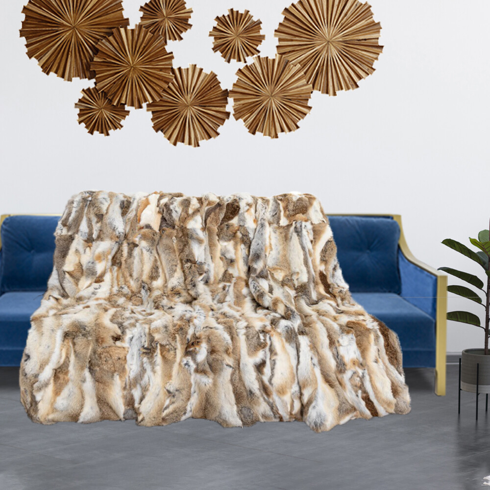 Real Fur Throw Luxury Rabbit Blanket Sofa Warm Bedspread Straw Yellow 140x160cm gallery