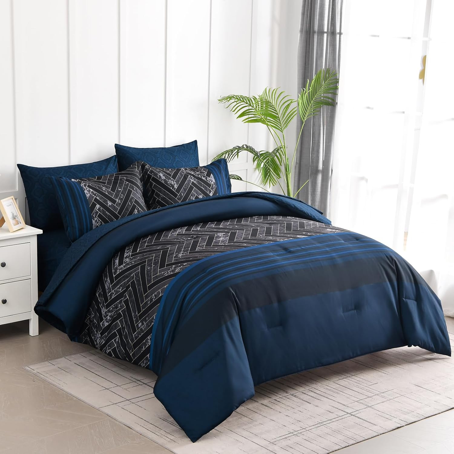 Navy Blue Comforter Set King Size, 7 Pieces Stripe Geometric Bed in a Bag, Soft gallery