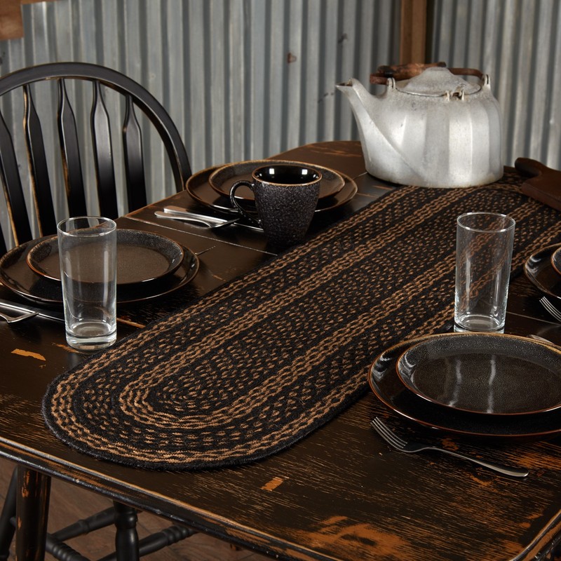 Table Runner Black & Tan Jute Primitive 13x48 Oval Striped Kitchen VHC Brands gallery