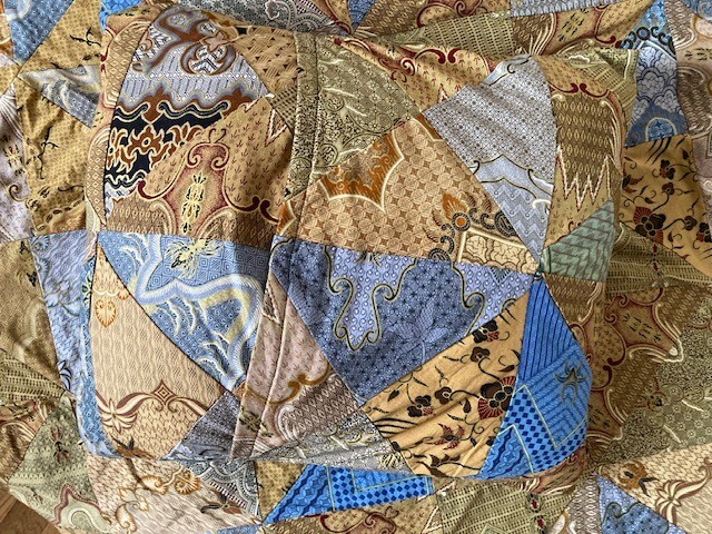 Vtg. Batik Patchwork Cotton/Rayon Quilt with cushion cover, 102" x 55" gallery