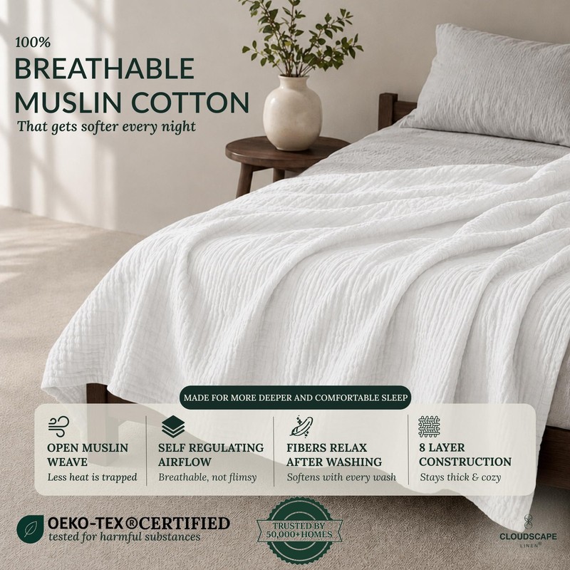CLOUDSCAPE 8 Layer Muslin Blanket for Adults, 100% Cotton Queen Size Blankets... gallery