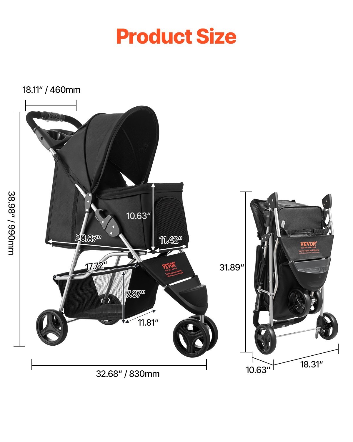 Foldable 3 Wheel Pet Stroller w/ Brake Up to 35lb Travel Dog Cat Stroller for Ca gallery