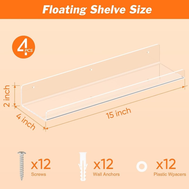 Acrylic Floating Wall Shelf,4 Pack Floating Shelves for Wall, Clear Book Shelf gallery