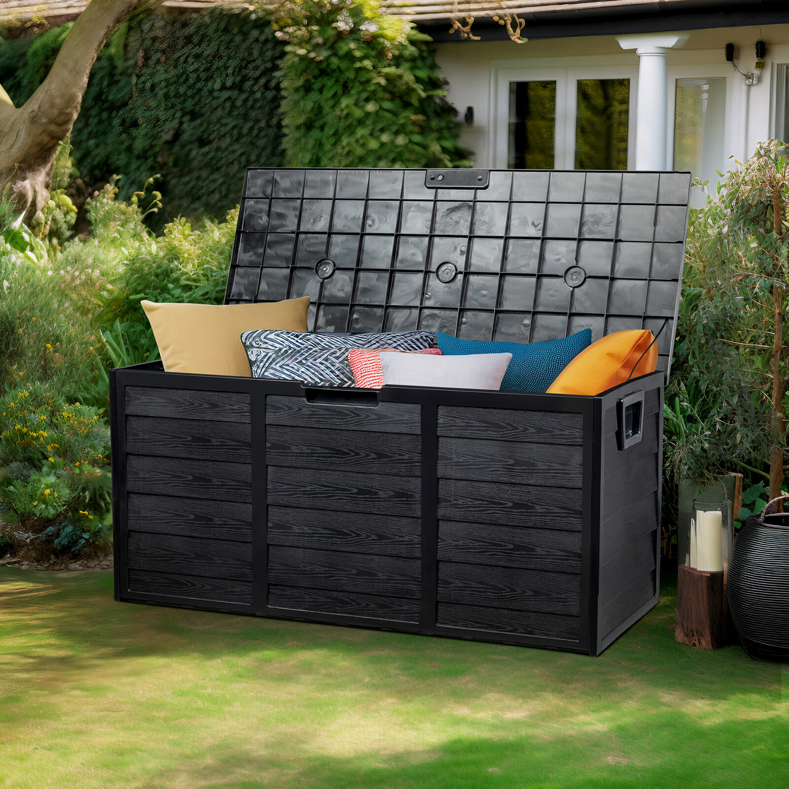 75 Gallon Outdoor Patio Storage Deck Box Garden Bench Weatherproof Resin Black gallery