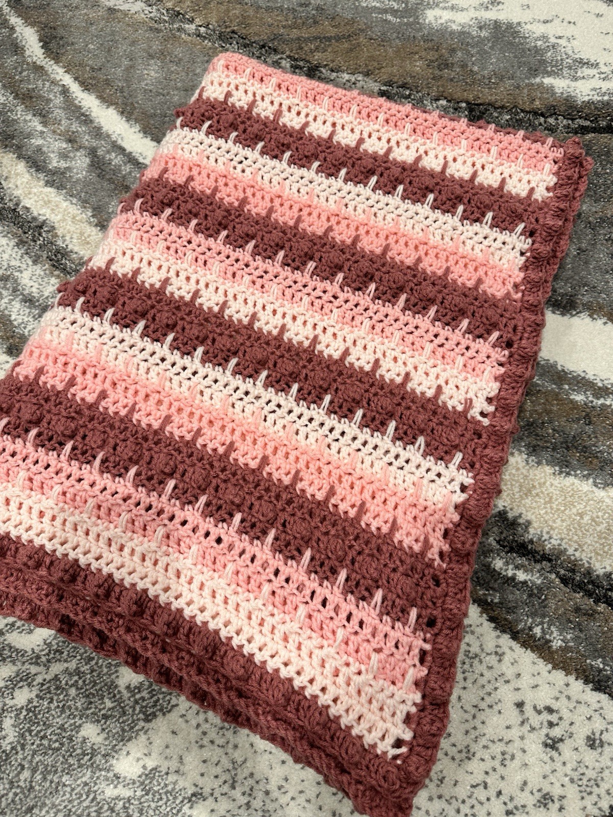 New Hand Crocheted Light Pink, Med Pink and Mahogany Striped Afghan gallery