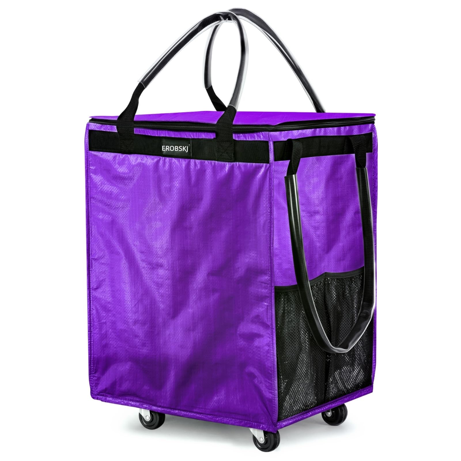 (Medium,Violet) Reusable Grocery Bag on Wheels, 70L Foldable Rolling Tote, Ex... gallery
