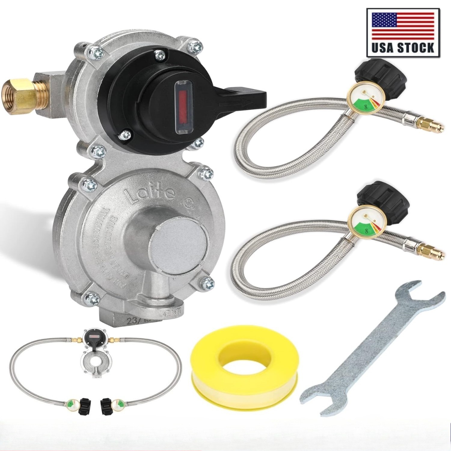 2 Stage Changeover Propane Regulator with Two 18" RV Pigtail Propane Hoses gallery
