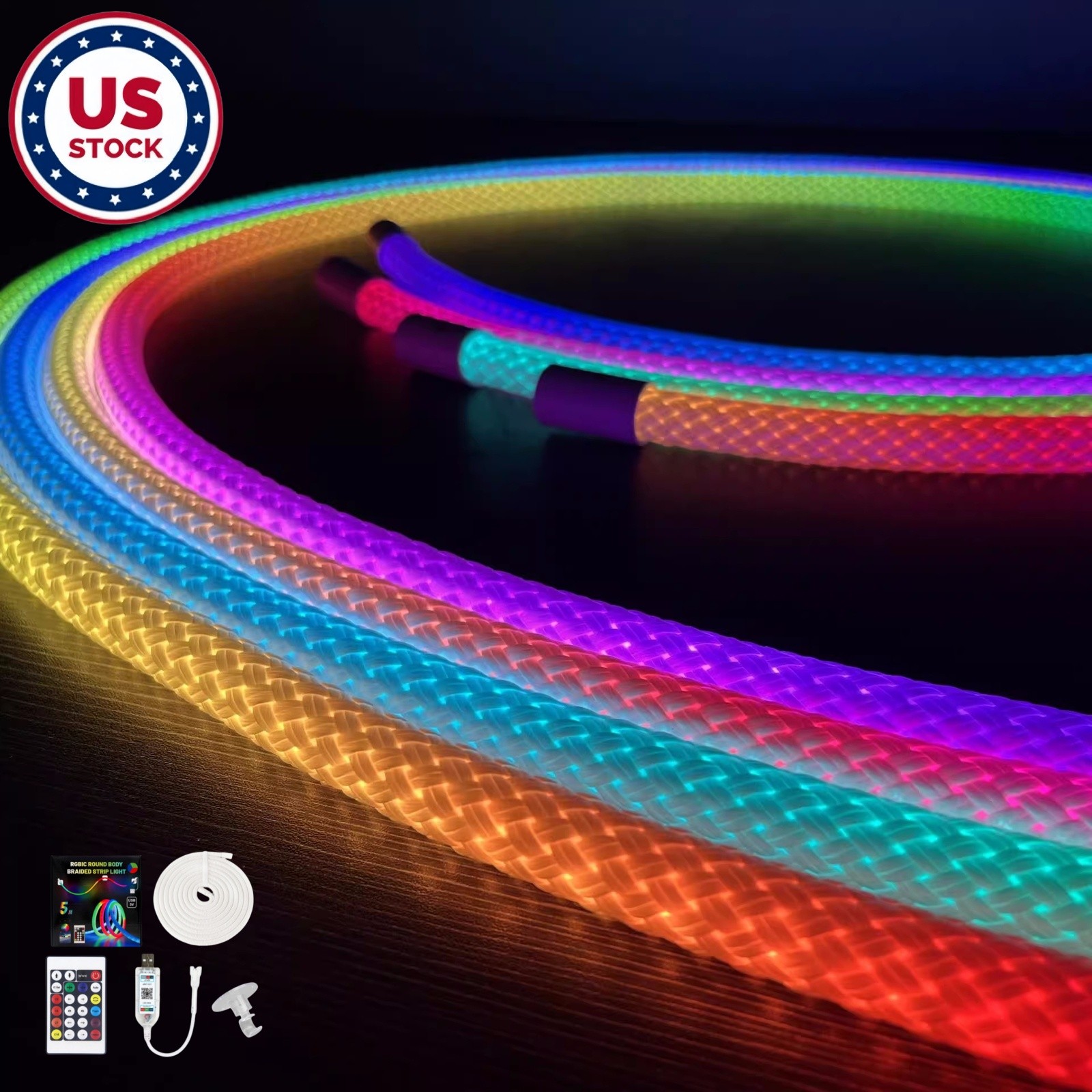 5V 4m RGBIC 360 Degree Round Reticulate Chasing Color LED Neon Strip Light Kit gallery