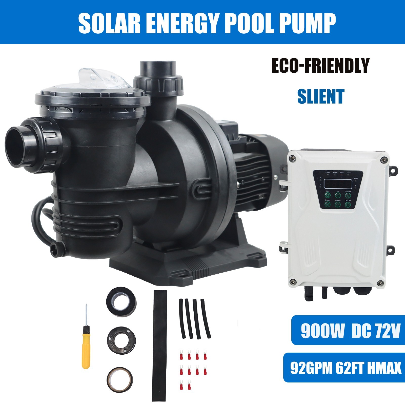 900W Solar Pump Inground Swimming Pool Pump DC72V Brushless Motor 92GPM 62' Hmax gallery