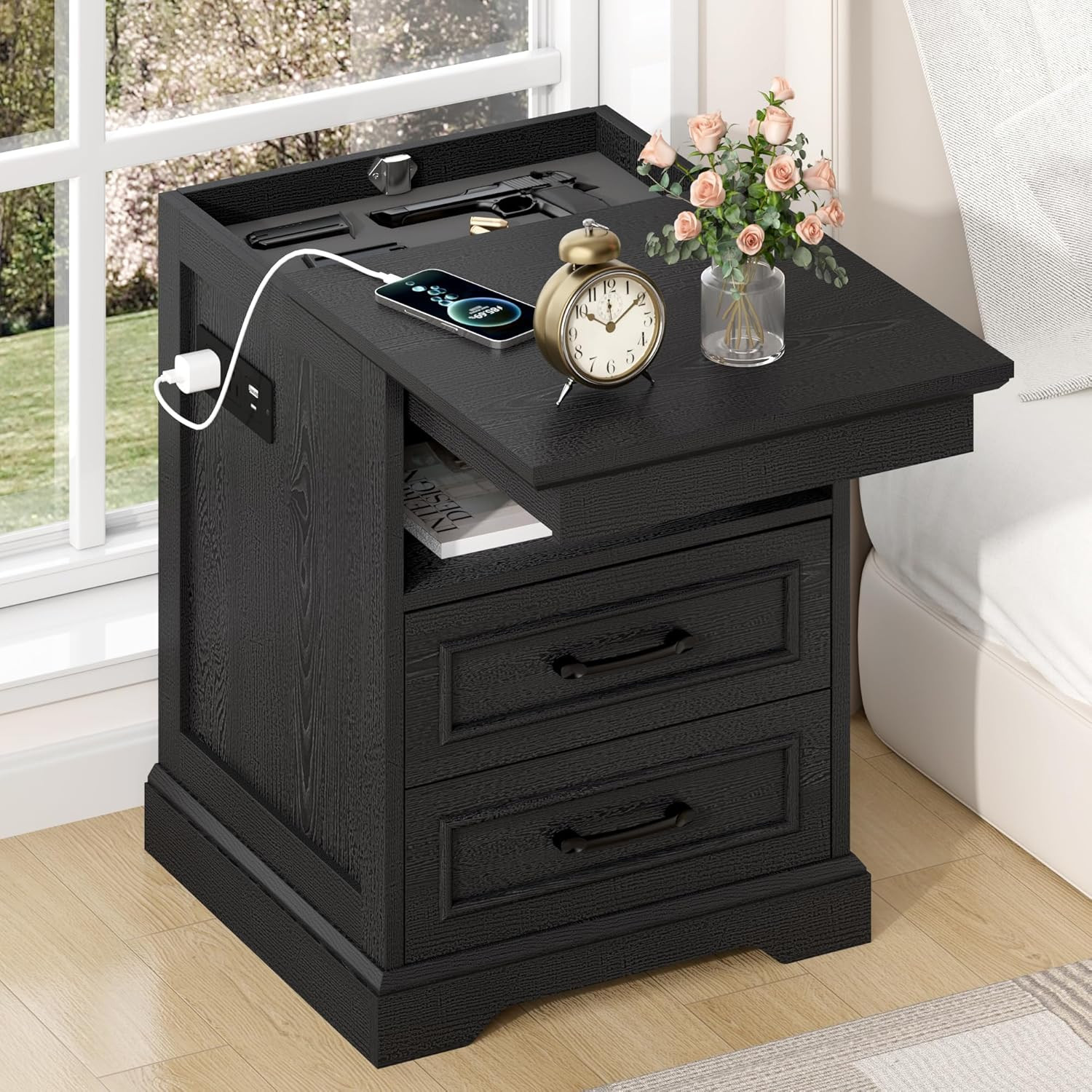 Farmhouse Nightstand with Charging Station & 3 Drawers - Black Accent Table gallery