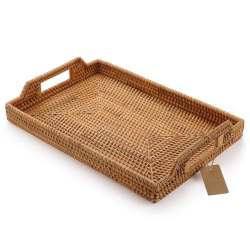 Hand-Woven Rattan Rectangular Serving Tray with Handles for 14.5x10.2x1.4inches gallery