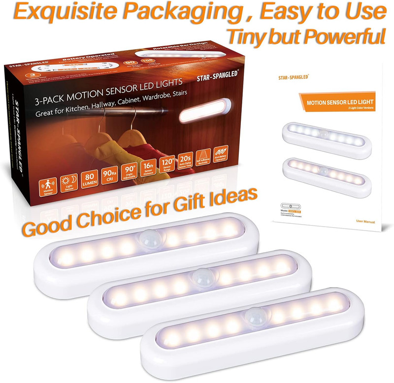 3 Pack 7” Motion Sensor Lights Indoor Battery Operated, Stick on LED Light for C gallery